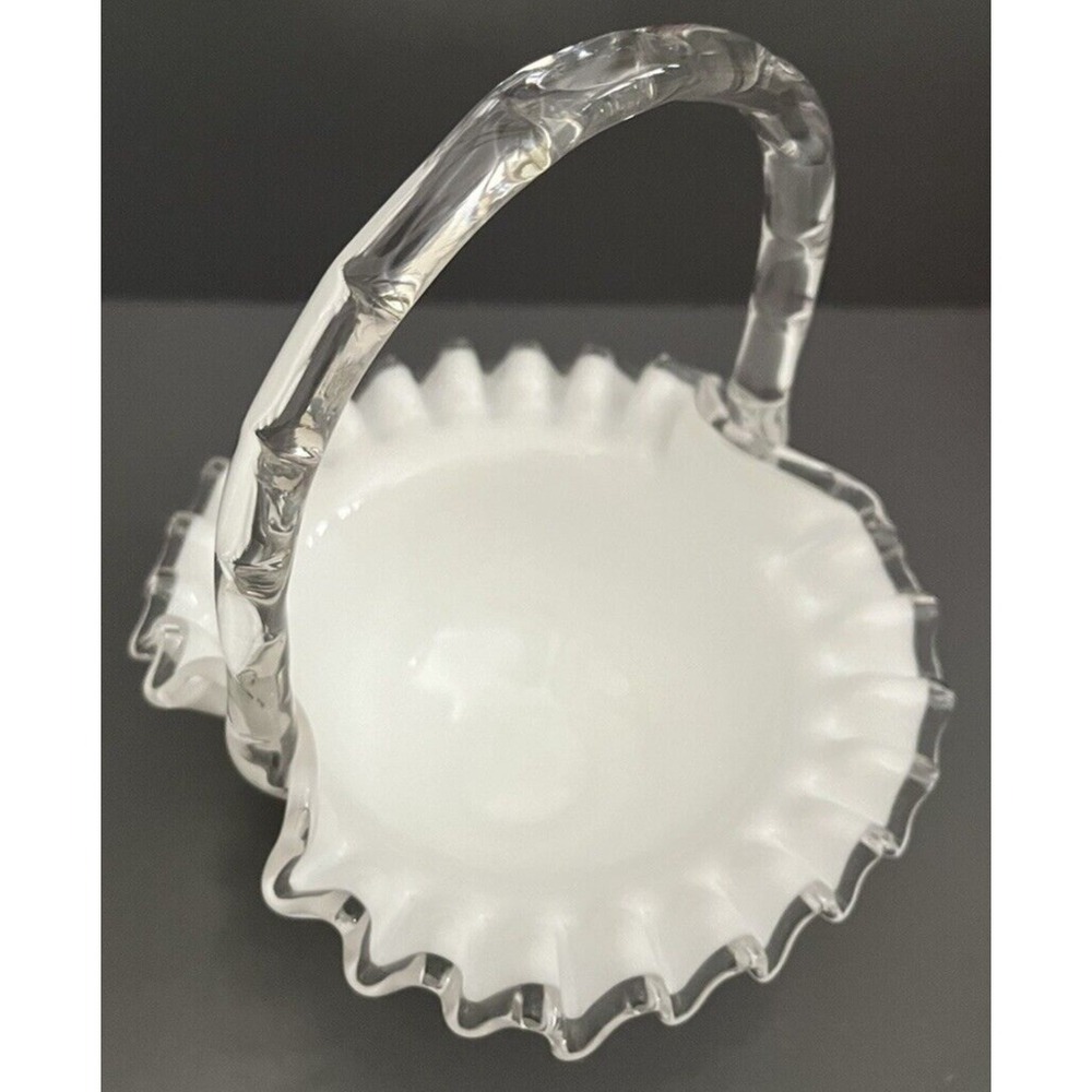 Fenton White Milk Glass Basket Ruffle‎ Edge Bamboo Style Handle Candy Dish VTG